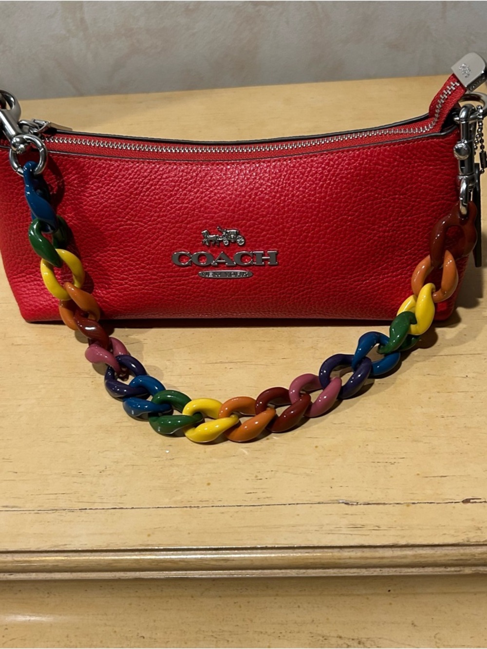 Coach charlotte red womens shoulder bag with multi colored resin strap
